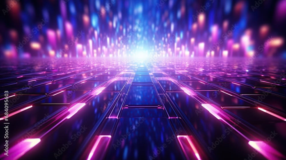 Poster futuristic geometric shape bokeh background neon lights. generative ai