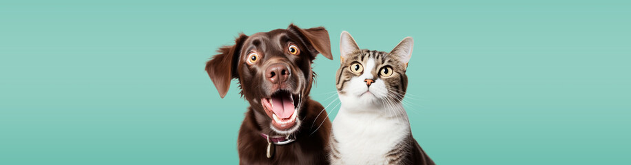 Portrait of a dog and cat on a colored background.