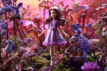 Obraz na płótnie Canvas Fantasy-themed photography showcasing a doll amidst vibrant blue and purple blooms.