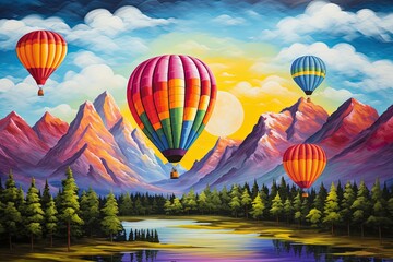 Fototapeta premium Colorful hot air balloons flying over the beautiful landscape of nature