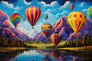 Colorful hot air balloons flying over the beautiful landscape of nature