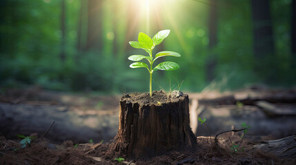 Young tree emerging from old tree stump, sprout in the tree - obrazy, fototapety, plakaty