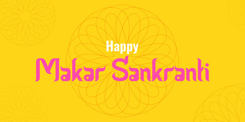 Makara Sankranti sunny holiday of India. Congratulations on a bright yellow background with patterns. Concept holiday. Poster, leaflet, website design Vector illustration.