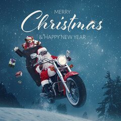 Naklejka premium Christmas card with rider Santa Claus