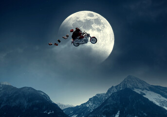 Santa Claus riding a motorcycle and flying in the sky