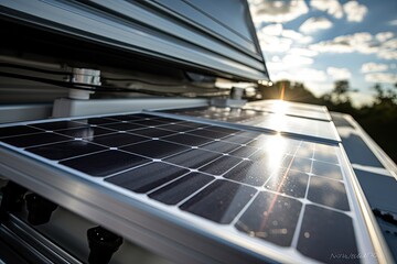 Solar panels mounted on vehicle roof capturing suns energy. Eco-friendly transportation. - obrazy, fototapety, plakaty