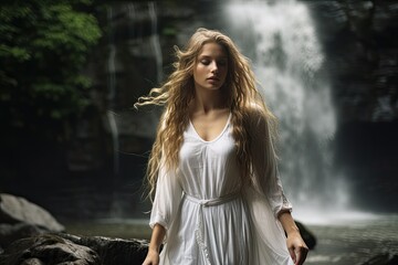 Sunlit tranquil scene by the falls. Woman with flowing locks, standing prominently against waterfall. Harmony between nature and elegance.