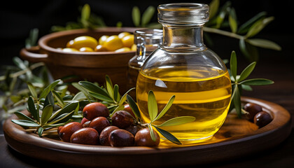 A glass oil bottle with olive branches and ripe olives on a wooden tray, highlighting the richness of olive oil.