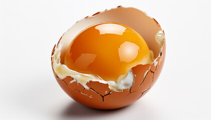 A pristine cracked brown egg with a vivid orange yolk, set against a white backdrop.