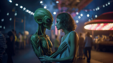 Aliens Among Us. An extraterrestrial in an amusement park, arrived for a date with woman.