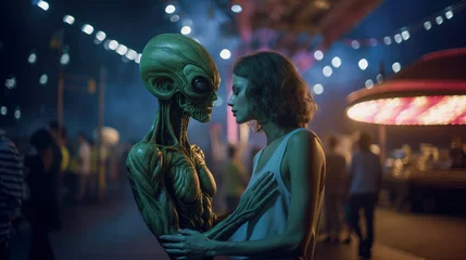 Crédence de cuisine en verre imprimé UFO Aliens Among Us. An extraterrestrial in an amusement park, arrived for a date with woman.
