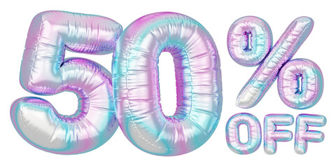 Holographic balloon 3d text. Typography. 3D illustration. 50% Off.