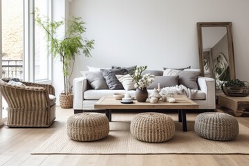 Bright room with wicker tables, cozy sofa, and candles. Interior design inspiration.