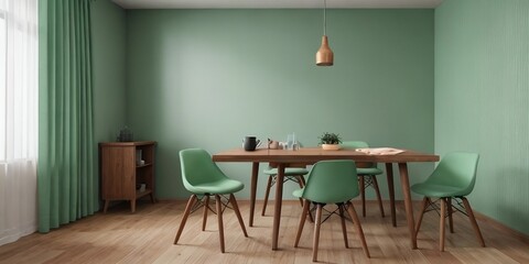 Beautiful dining room interior design with mint green color, Eco-friendly concept. Modern dining room mockup concept with copy space.
