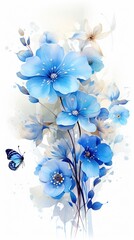 Hand Drawn Watercolor Blue Flower White Background. Generative AI