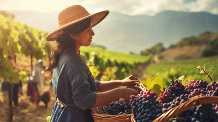 copy space, stockphoto, peruvian woman picking grapes in a vineyard. View of a beautiful latin woman working in a vineyard. Production process of making wine. - obrazy, fototapety, plakaty