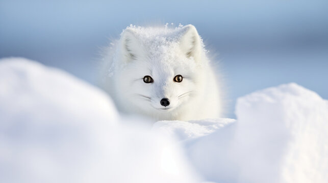 Little White arctic fox (Vulpes Lagopus) peeking on the snow. clean and bright snow. generative ai