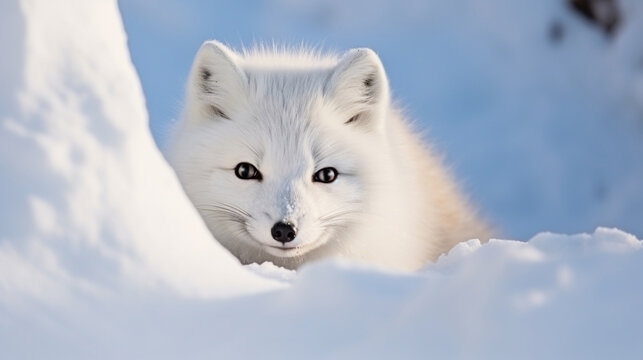 Little White arctic fox (Vulpes Lagopus) peeking on the snow. clean and bright snow. generative ai