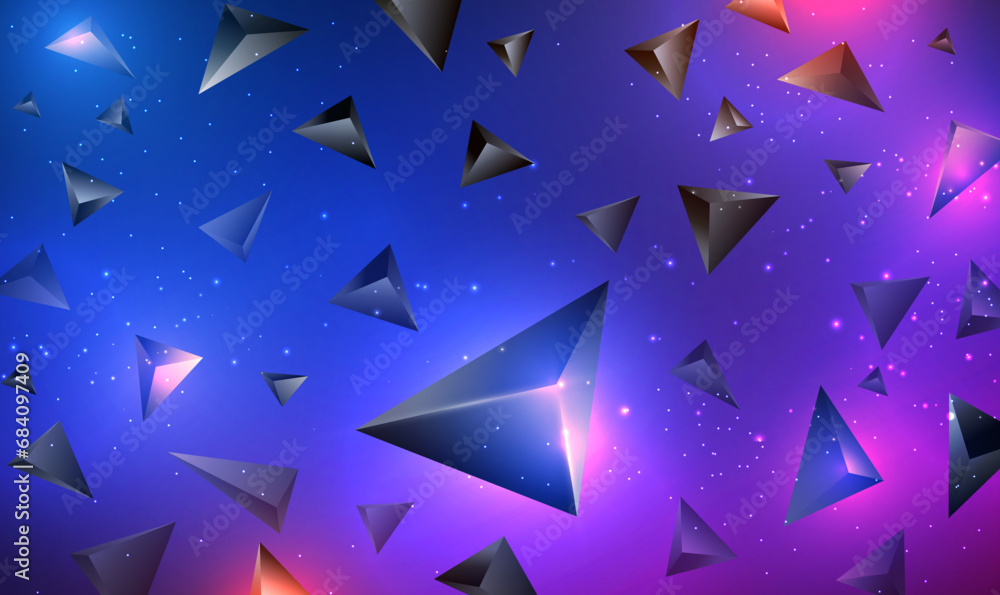 Poster abstract futuristic background with 3d triangles and light. flying polygonal pyramids in empty space