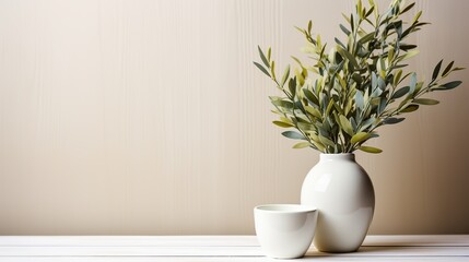 Elegant glass vase interior decor on beige background. Generative AI