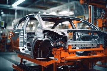 Fototapeta premium Automated assembly line for robot manipulators for the production of high-tech electric vehicles running on clean energy.