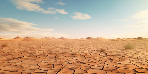 landscape of dry clay desert with cracked surface - obrazy, fototapety, plakaty