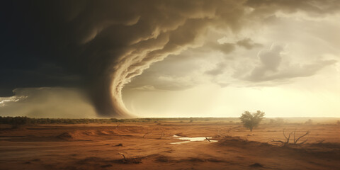dramatic landscape with tornado in desert area - obrazy, fototapety, plakaty