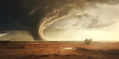 Muurstickers dramatic landscape with tornado in desert area © Evgeny