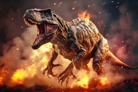 Fototapeta Tyrannosaurus T-rex ,dinosaur on smoke and fire background. Global catastrophe. A dinosaur escapes from the flames.