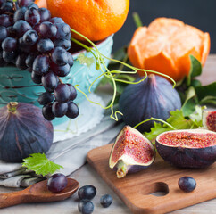 Sweet organic fruit mix on table, healthy veg food background