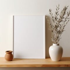 Minimalist mockup picture white frame & modern glass vase on table. Generative AI
