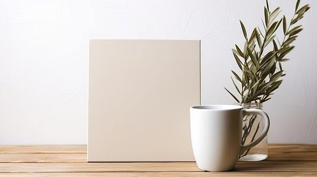 Minimalist mockup blank picture white frame & modern glass vase on table. Generative AI © artbot