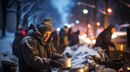 Volunteers distribute food to homeless people on a snowy city street