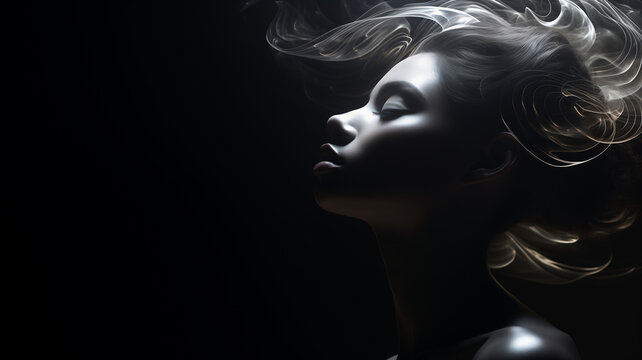 weibliches Beauty Model in sinnlicher Pose mit Nebel/ Rauch und Lichteffekten. Low Key Portrait bei dramatischem Licht. Querformat 16:9 Format. Generative Ai.
