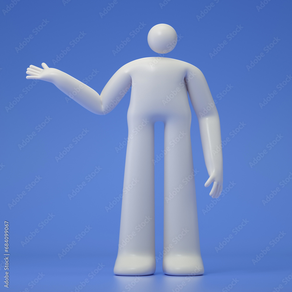 Poster a 3d cartoon character standing and showing hand at direction. 3d rendering,conceptual image, isolat
