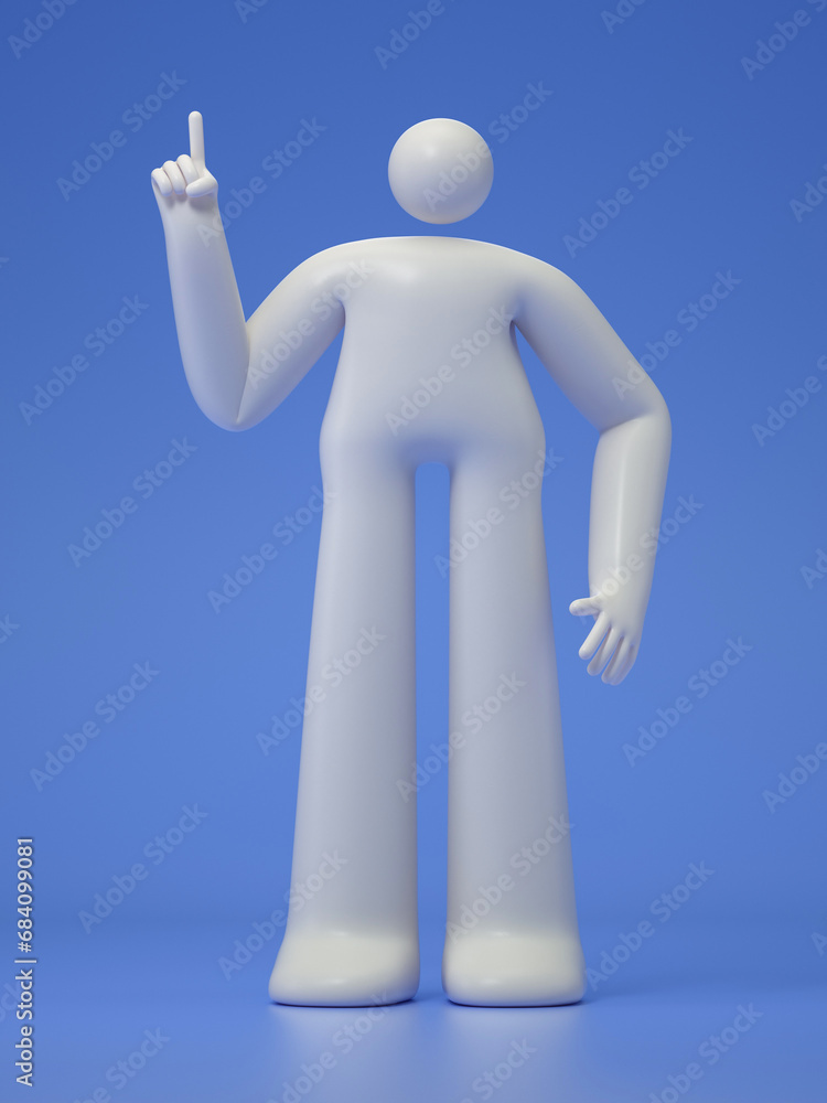 Poster a 3d cartoon character standing and showing hand at direction,with index finger up gesture, 3d rende