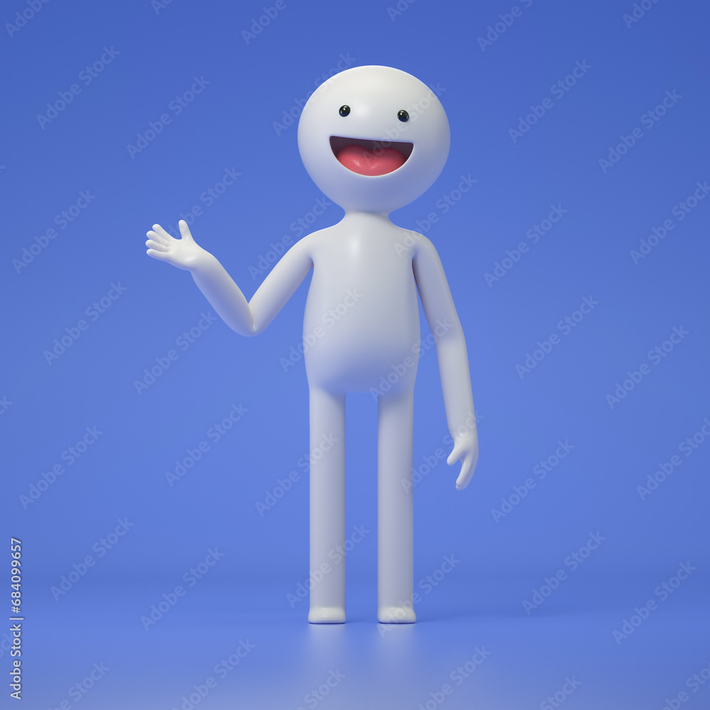 Poster a 3d cartoon character standing and showing hand at direction. 3d rendering,conceptual image, isolat