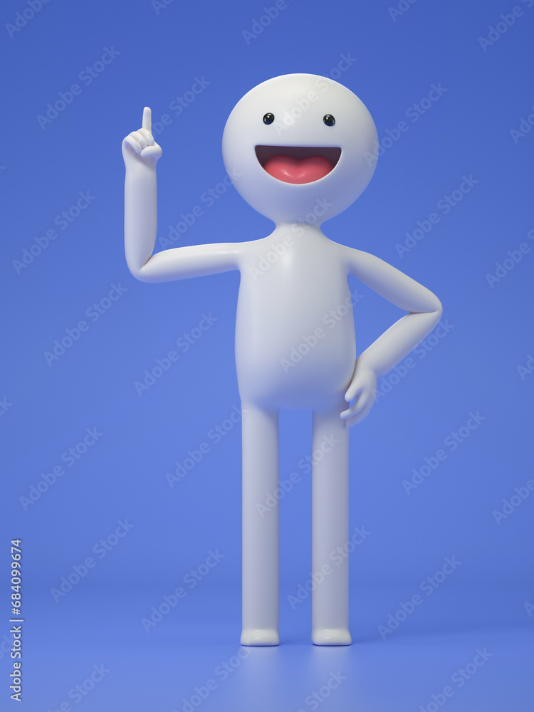 Poster a 3d cartoon character standing and showing hand at direction,with index finger up gesture, 3d rende