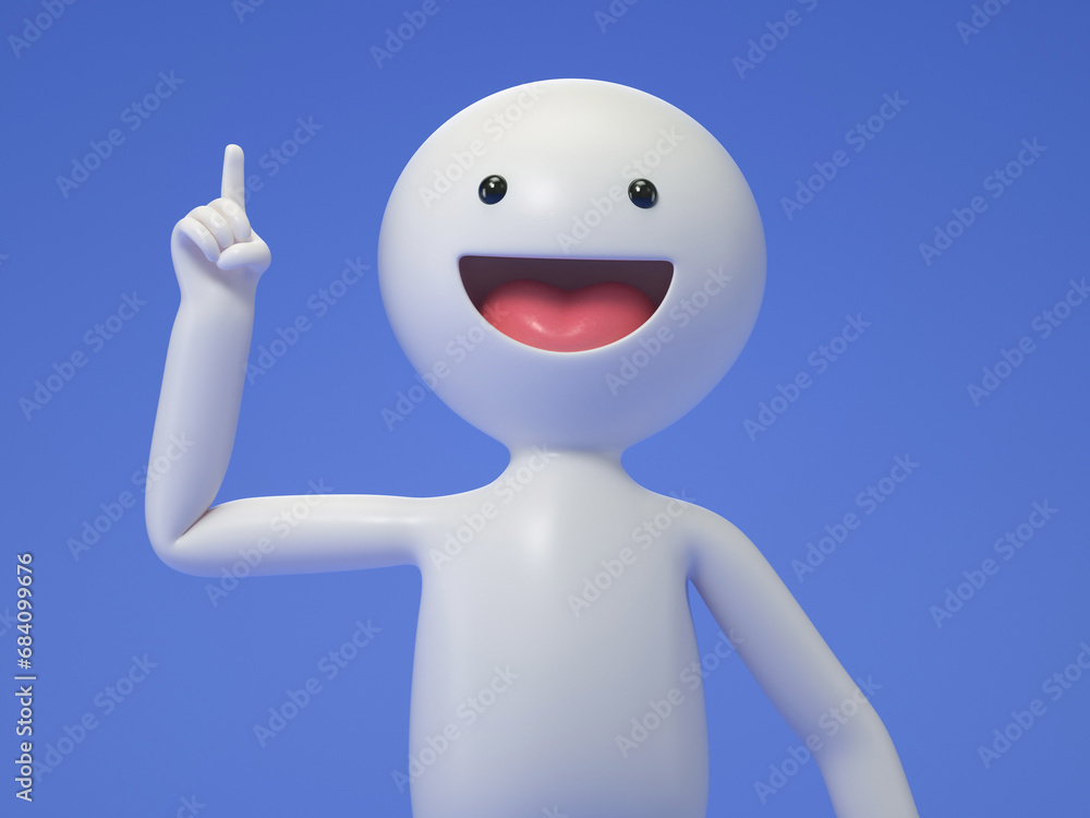 Poster a 3d cartoon character standing and showing hand at direction,with index finger up gesture, 3d rende