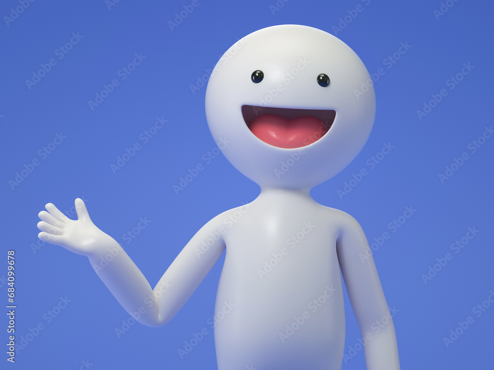 Poster a 3d cartoon character standing and showing hand at direction. 3d rendering,conceptual image, isolat