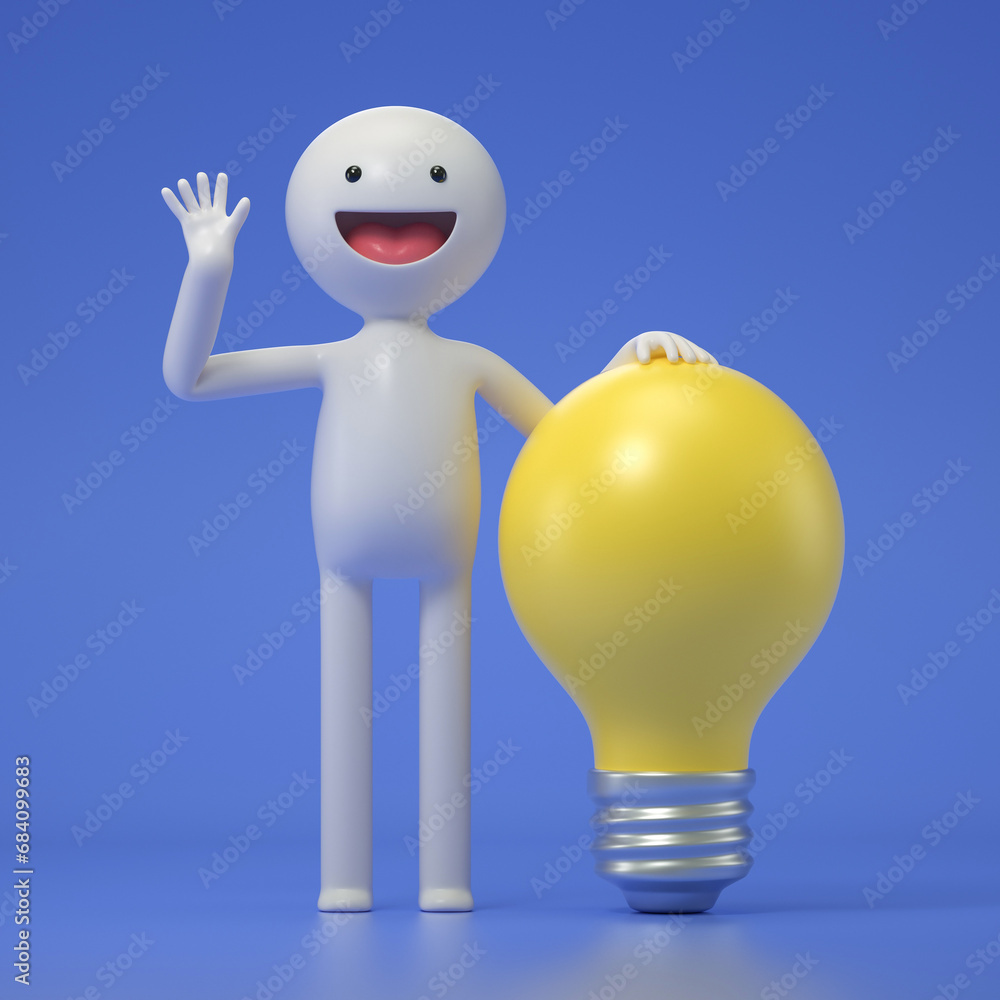 Poster a 3d cartoon character standing with a light bulb. lightbulb as smart solution or creative business 