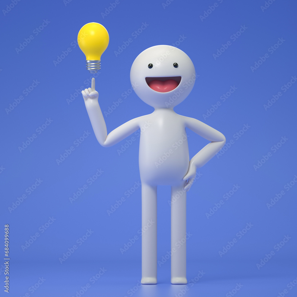 Poster a 3d cartoon character standing with a light bulb. lightbulb as smart solution or creative business 
