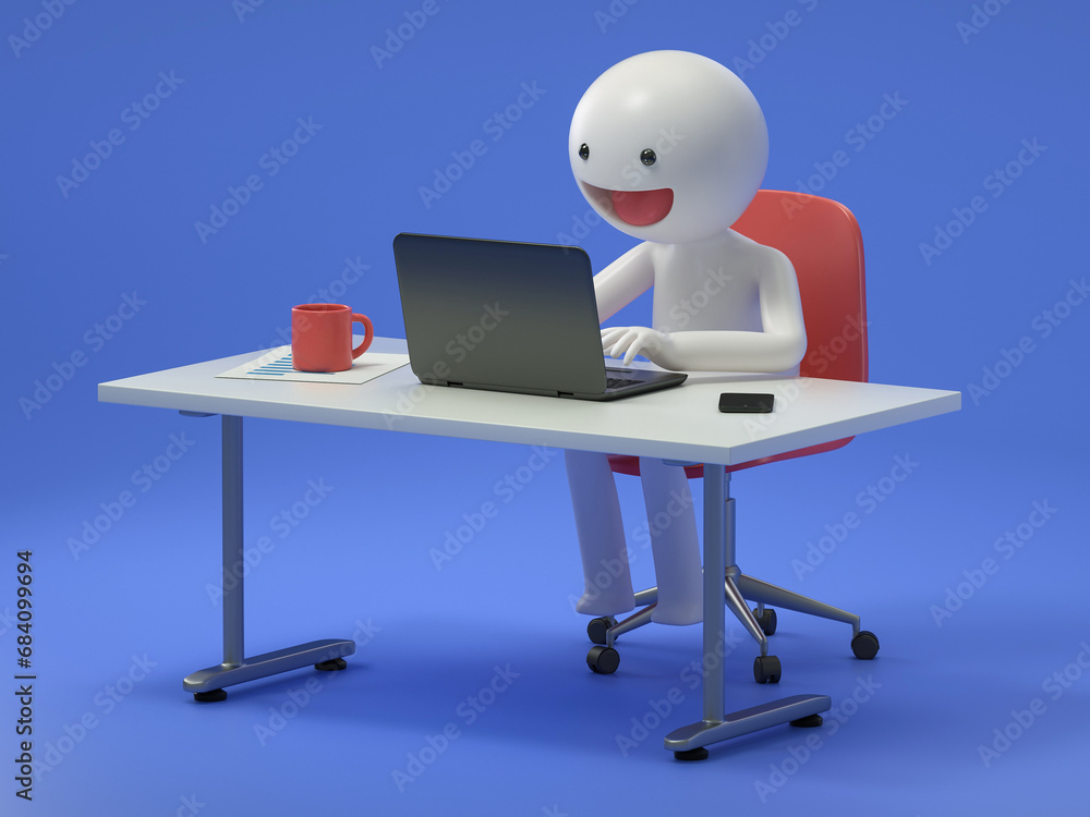 Poster a 3d cartoon character is sitting at desktop. work the computer, office worker or company employee. 