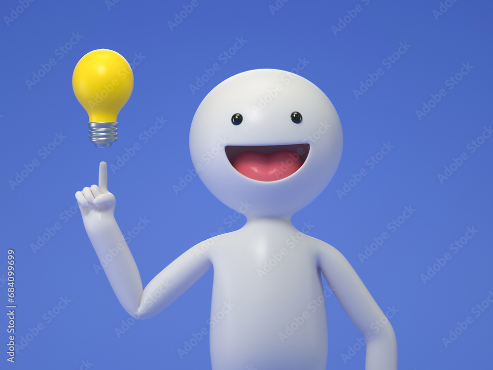 Poster a 3d cartoon character standing with a light bulb. lightbulb as smart solution or creative business 