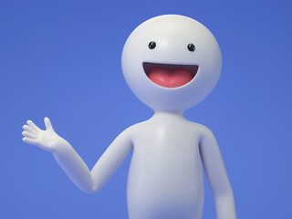 A 3D cartoon character standing and showing hand at direction. 3d rendering,conceptual image, isolated on white background.