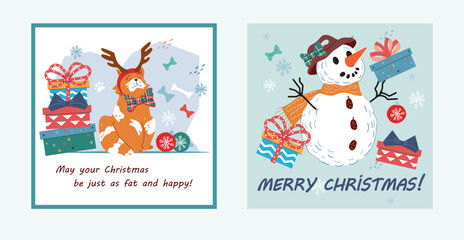 Design kit with snowman Christmas cards, flat vector illustration. Christmas and New Year unique designs to create greeting cards and posters.