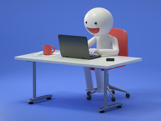 A 3D cartoon character is sitting at desktop. Work the computer, Office worker or company employee. 3d rendering,conceptual image