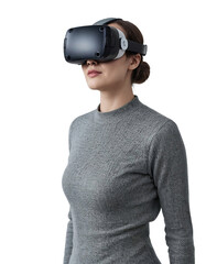 A middle-aged woman wearing VR glasses. Trying new technologies concept. isolated, transparent background, no background. PNG.