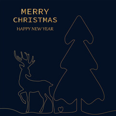 New Year Christmas background, greeting card with deer and Christmas trees in minimalist one line style, gold color on dark background. Hand drawing. For printing, greetings, decor, festive mood