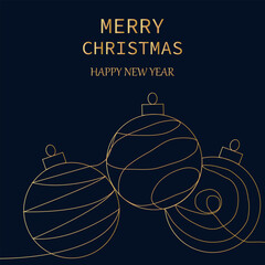 Fototapeta premium New Year Christmas background, greeting card with Christmas tree balls in minimalist one line style, gold color on dark background. Hand drawing. For printing, greetings, decor, festive mood
